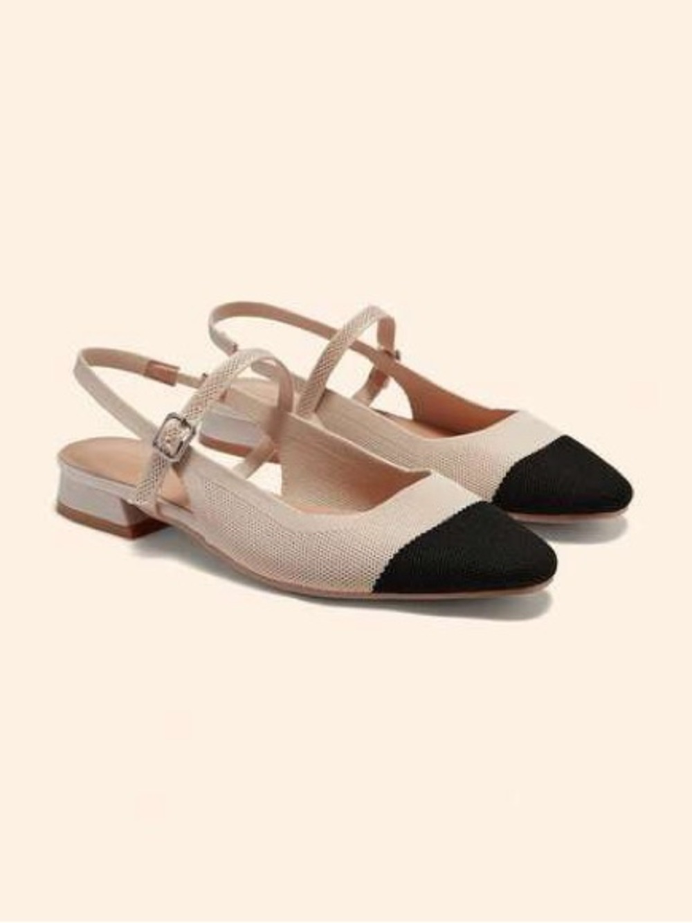 Pointed Two-Tone Slingback Flats in Beige and Black